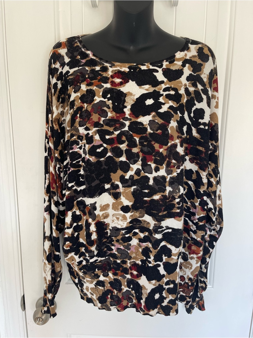 Joseph Scoop Neck Leopard Print Sweater in Black, Brown & Cream with Red Accents